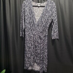 HM Womens Faux Wrap Dress Black White Pebble Print 3/4 Sleeve Size M V-Neck